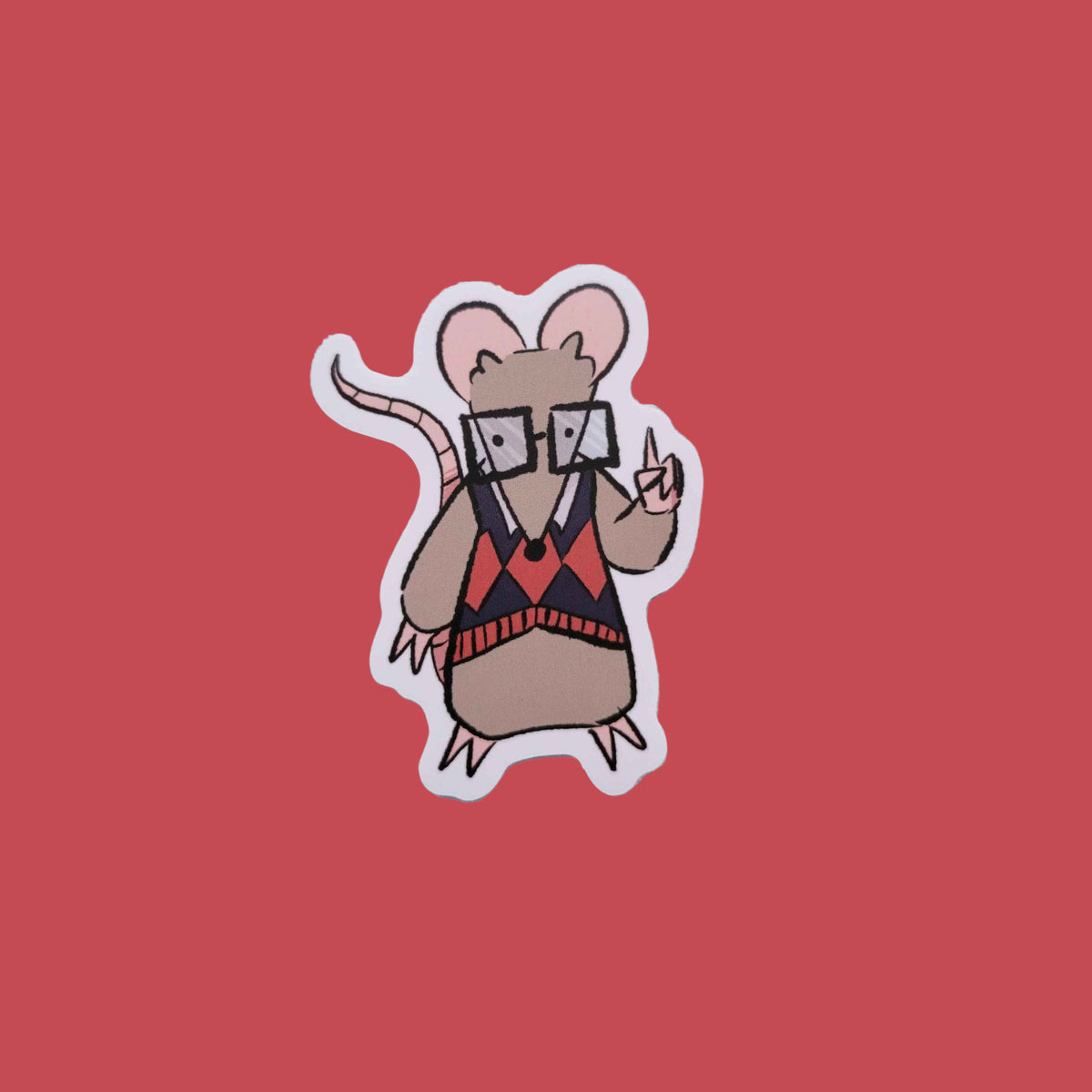 sticker of a cartoon rat wearing an argyle vest and big glasses