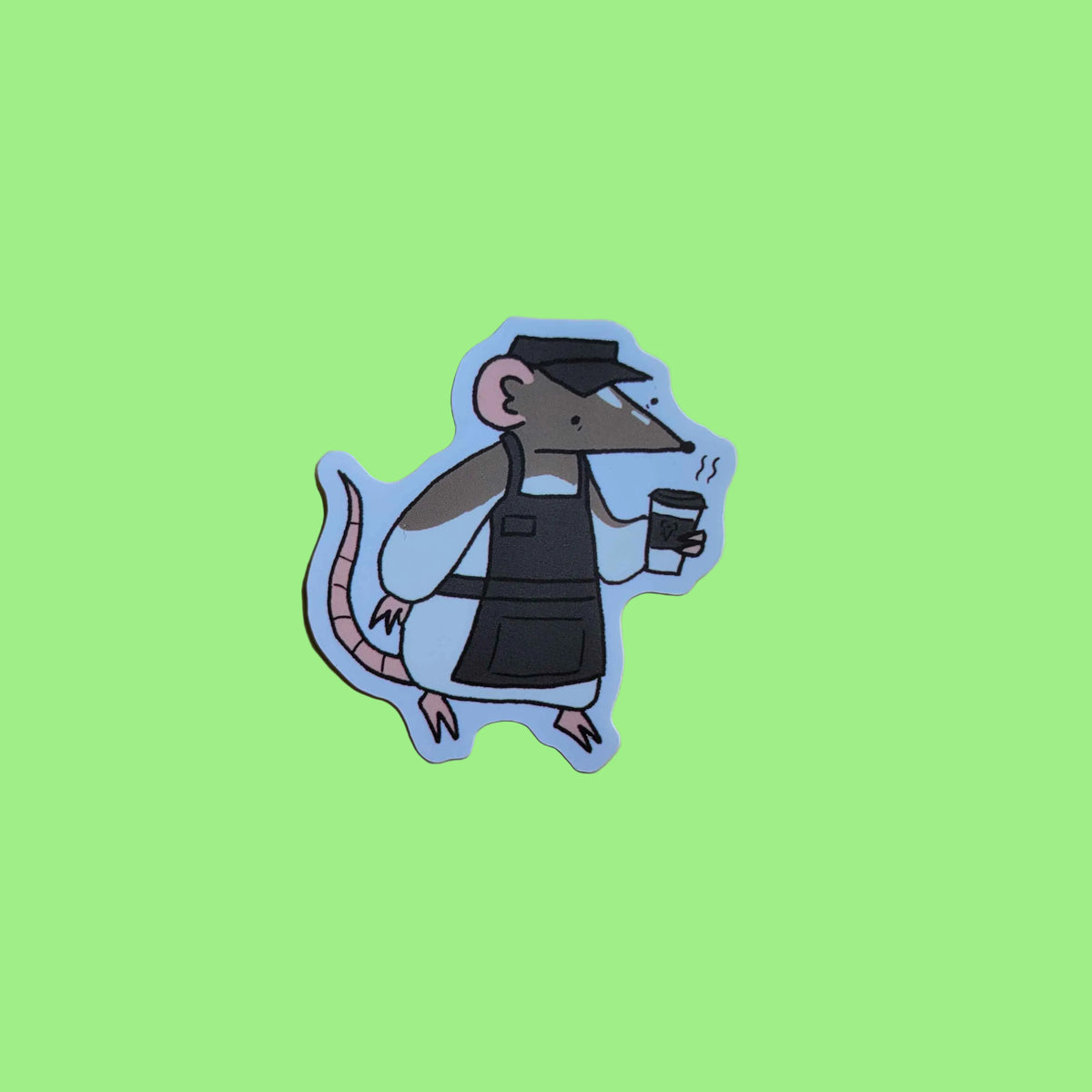 An illustration of a tired barista rat.