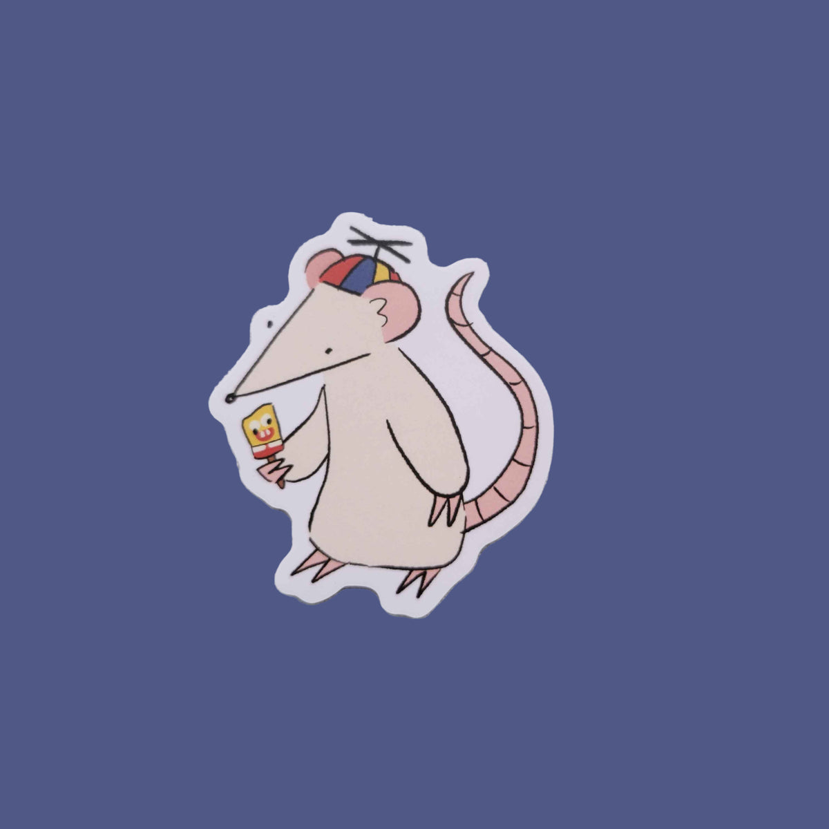 Sticker of a cartoon rat wearing a propeller hat and holding a popsicle
