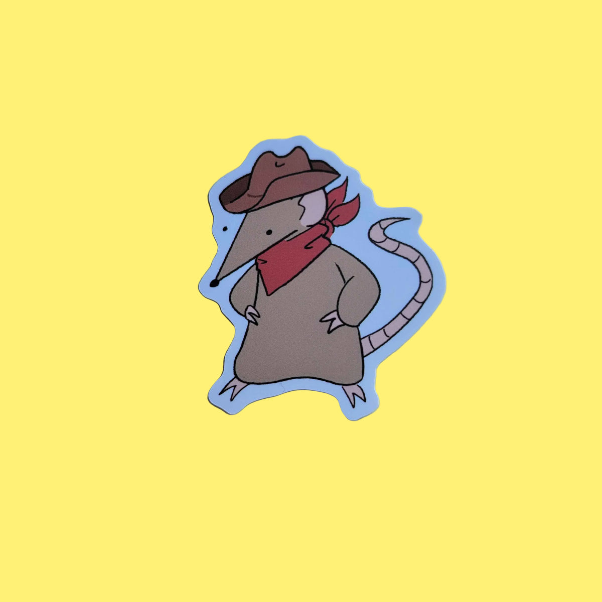A cartoon illustration of a brown rat dressed up like a cowboy