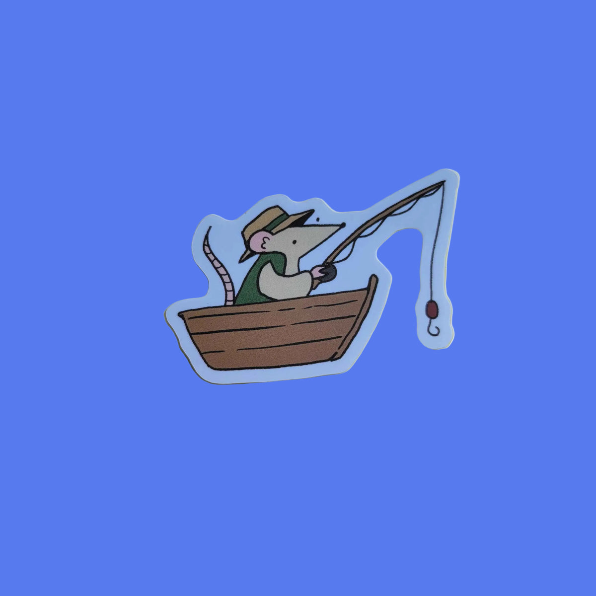 An illustration of a rat in a boat dressed up as a fisherman