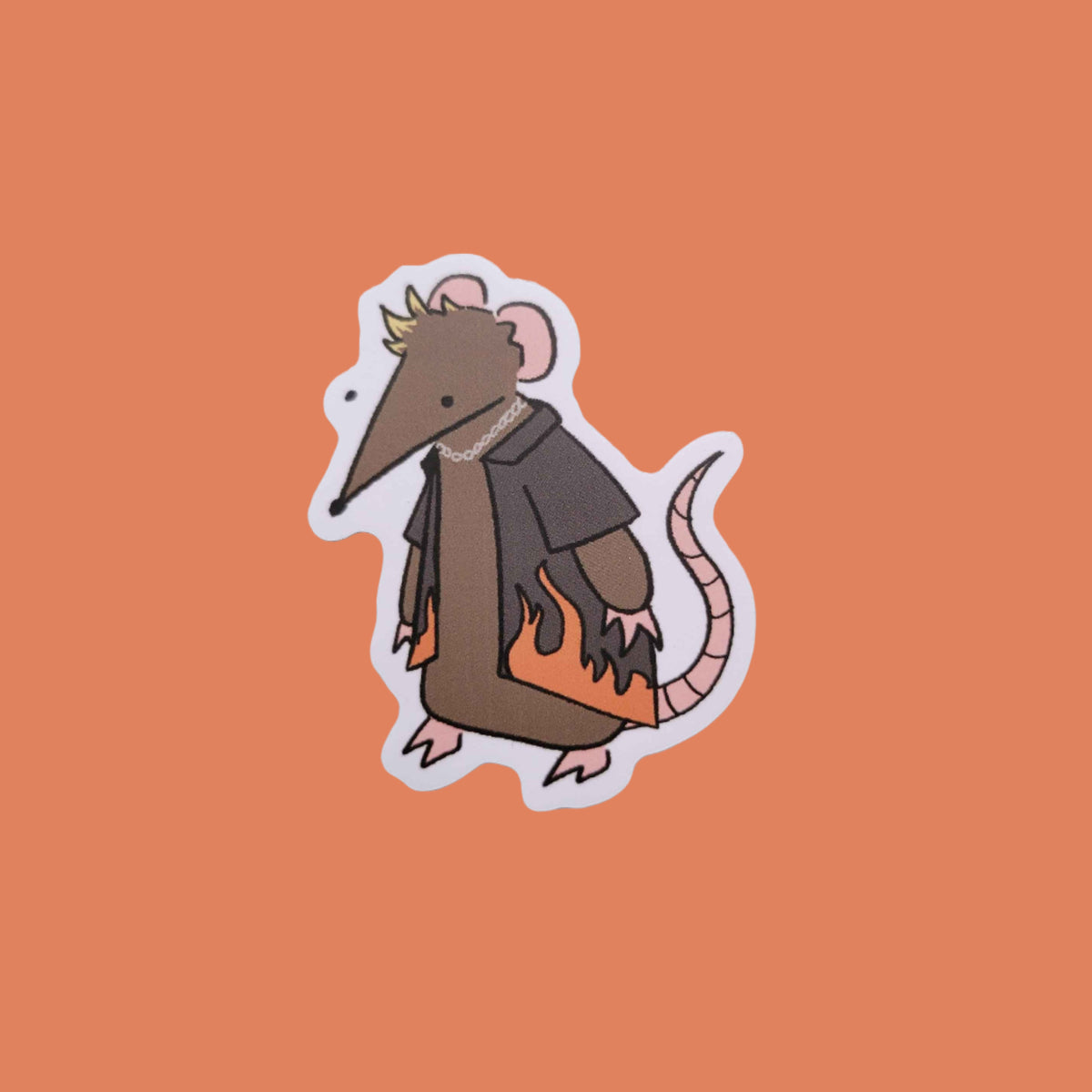 Sticker of a rat wearing a button up shirt with flames on it