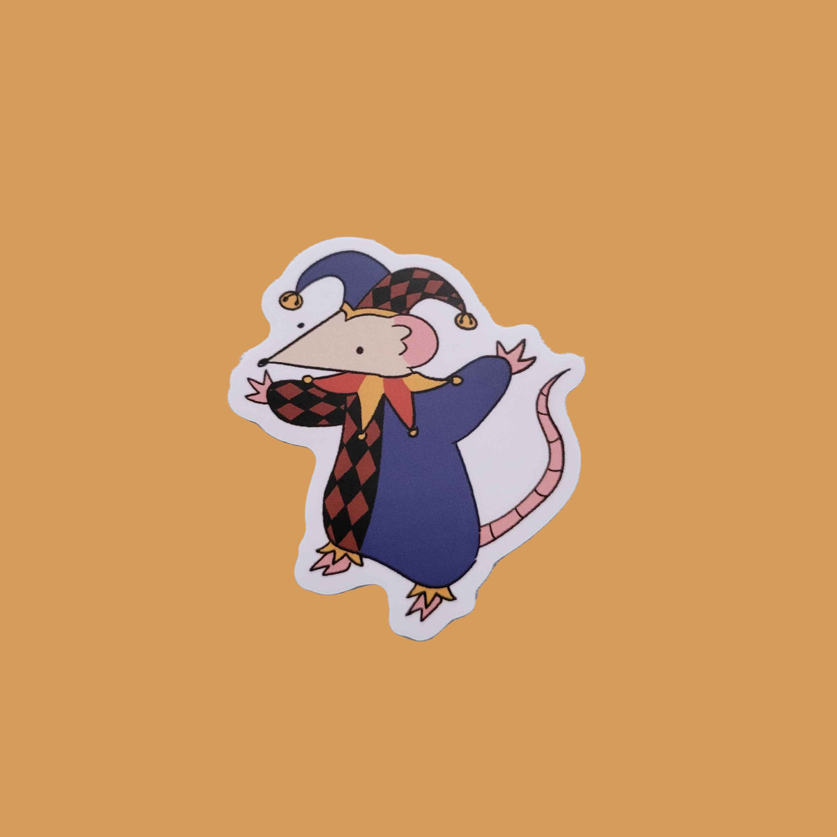 Sticker of a cartoon rat in a red and blue jester costume