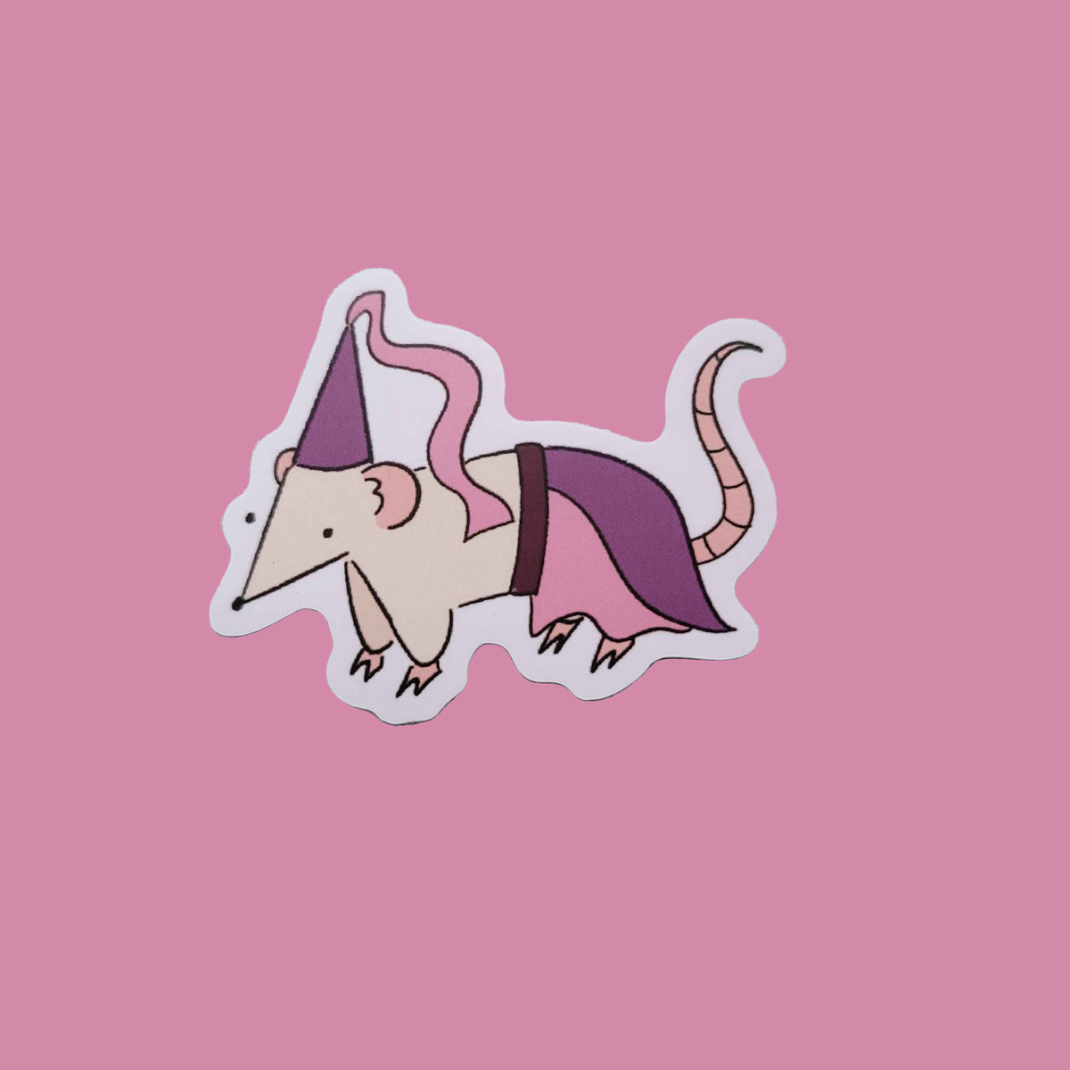 sticker of a rat in a purple princess costume