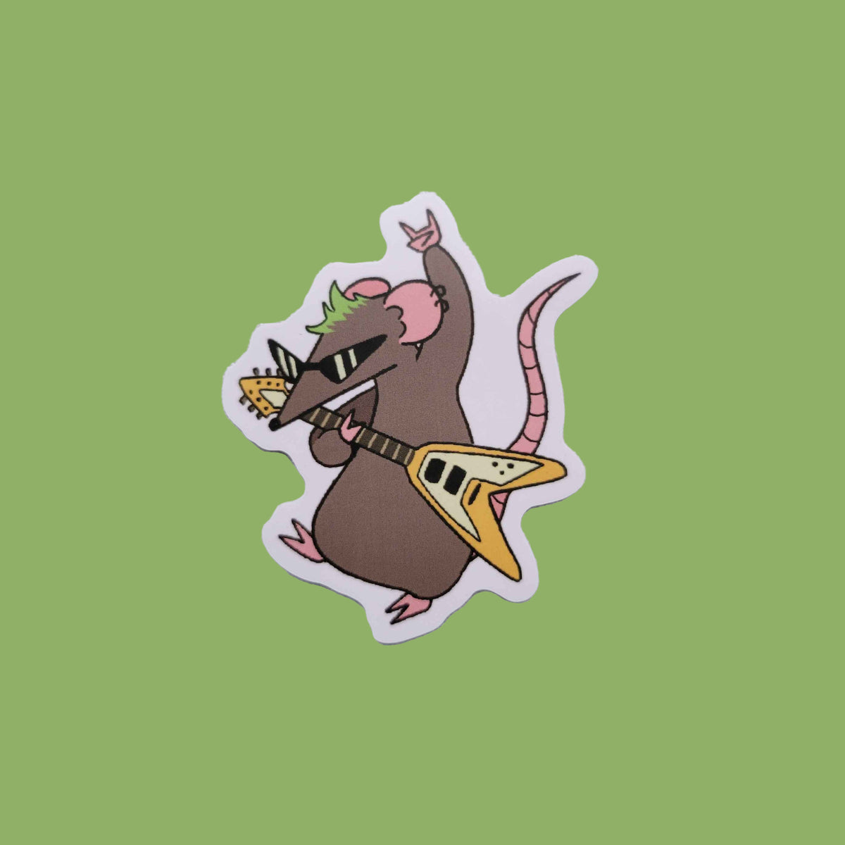 sticker of a rat with green hair playing a guitar