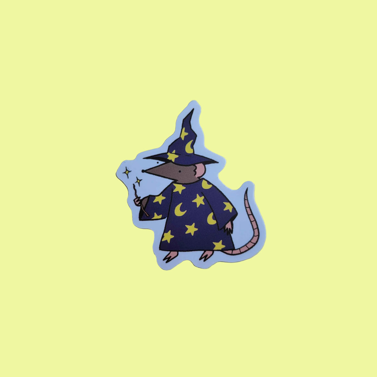 A cartoon illustration of a brown rat dressed up as a wizard
